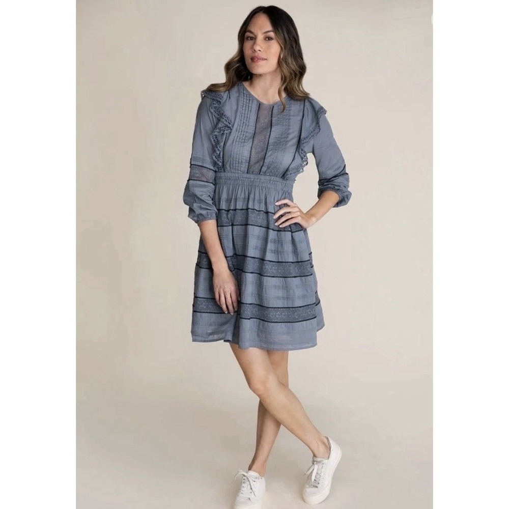 Baybala Laura Gray Blue Sz S Tiered Dress Ruffle Lace Boho Romantic Modest Lined